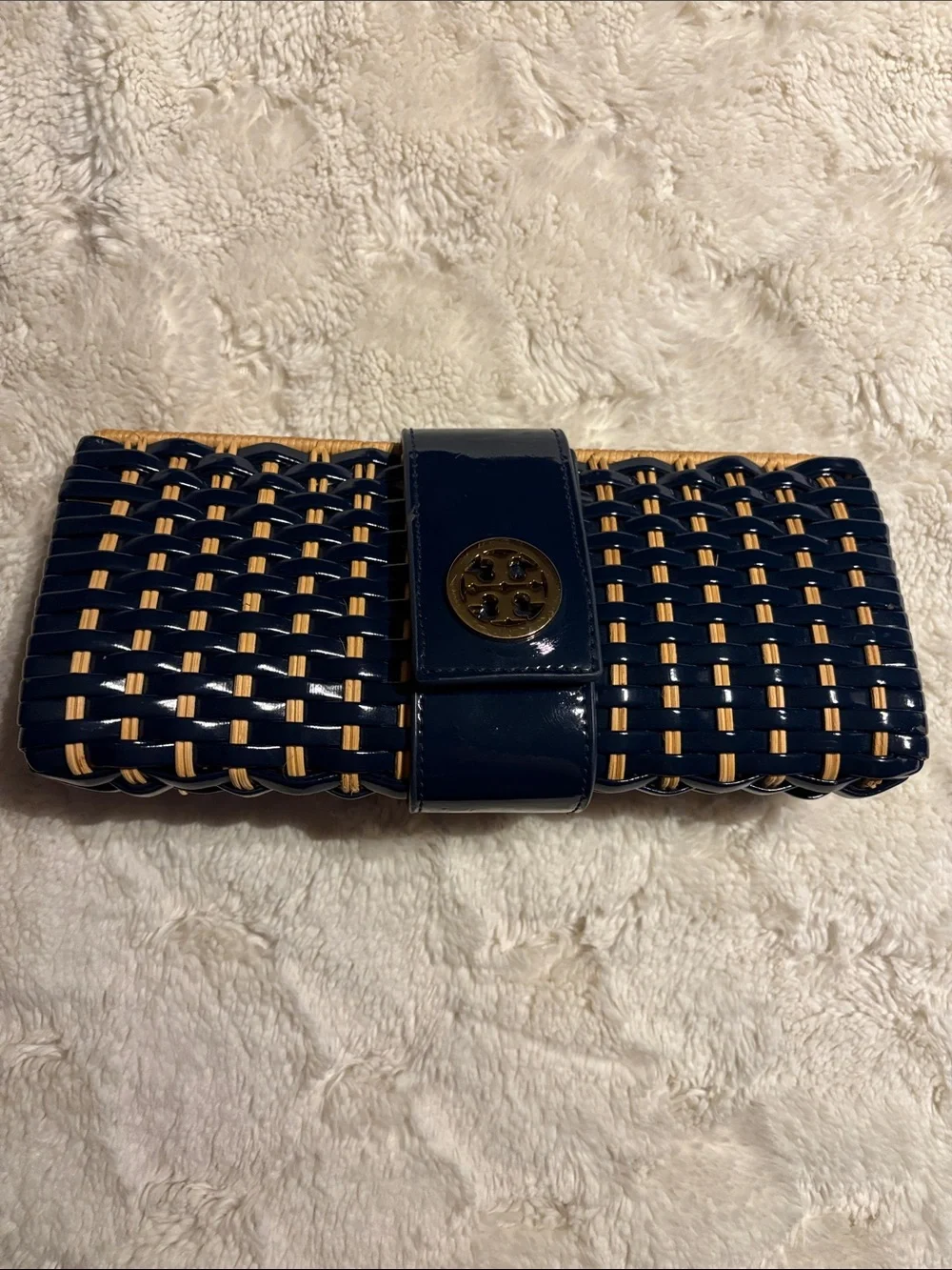 Tory Burch Navy and Tan Woven Patent Clutch
